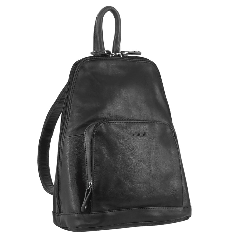 Milleni Ladies Nappa Leather Twin Zip Backpack in Black (NL10767)