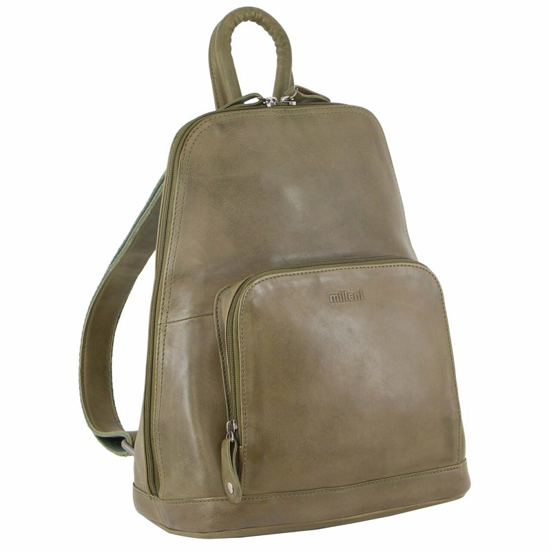 Milleni Ladies Nappa Leather Twin Zip Backpack in Olive (NL10767)