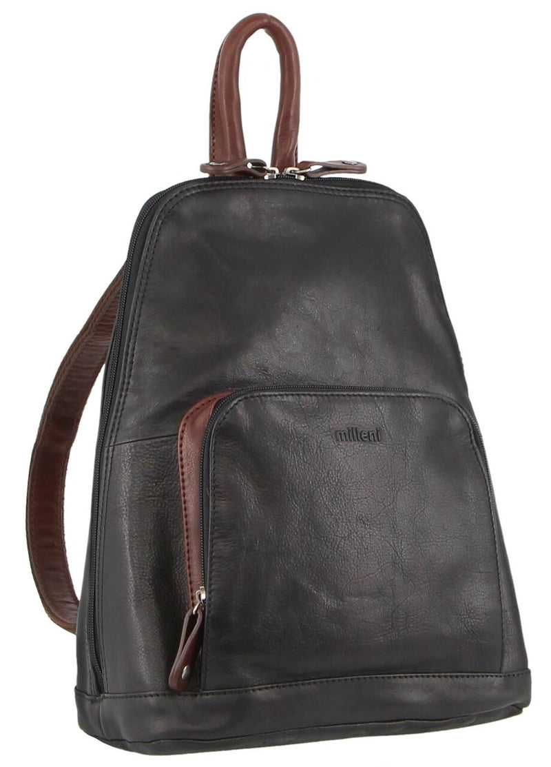 Milleni Ladies Nappa Leather Twin Zip Backpack in Black-Chestnut (NL10767)