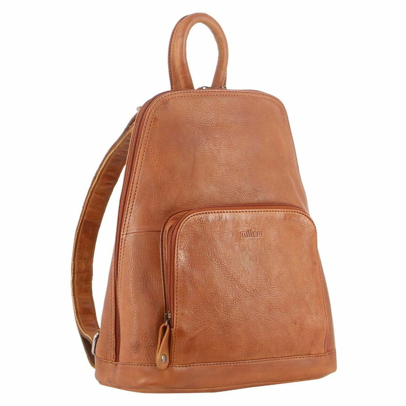 Milleni Ladies Nappa Leather Twin Zip Backpack in Cognac (NL10767)