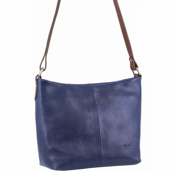 Milleni Ladies Nappa Leather Cross Body Bag  in Indigo-Chestnut (NL2789)